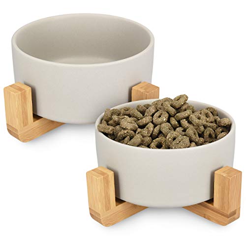 Navaris 2X Cuencos elevados para Mascotas - Comedero y Bebedero de cerámica para Perros Gatos Cachorros - con Soportes de bambú Antideslizante - en Gris