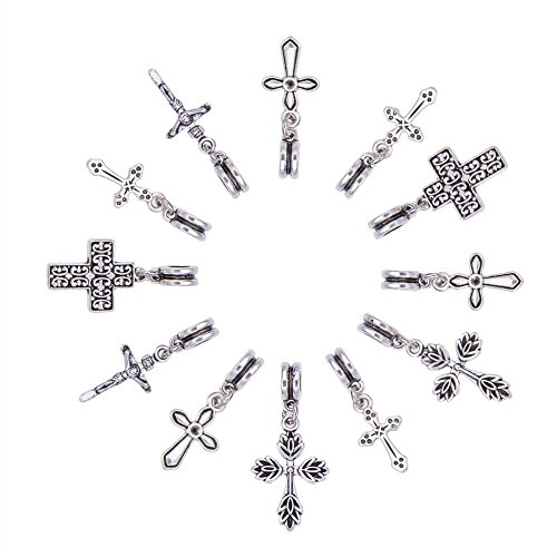 NBEADS Cruz Dangle Europea de aleación de Estilo Tibetano Cuentas de Mezcla, Perlas de Gran Agujero, Plata Antigua, 30 - 35 x 11 - 17 mm, Agujero: 5 mm