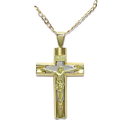 Never Say Never Cruz de Oro Amarillo Macizo de 18k para Hombre o Mujer Bicolor con Cadena barbada Maciza de 60cm. Peso Total 17.60gr de Oro de 18k.