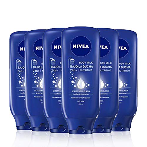 NIVEA Bajo la Ducha Body Milk Nutritivo en pack de 6 (6 x 400 ml), leche hidratante para la ducha, acondicionador de piel con aceite de almendras para piel seca
