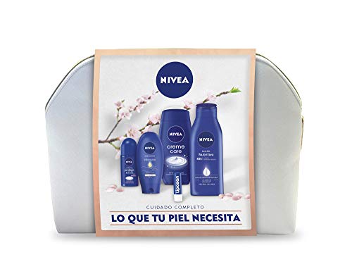 NIVEA Neceser Body Cuidado Completo con body milk 1 x 400 ml, crema de manos 1 x 100 ml, desodorante roll on 1 x 50 ml, gel de ducha 1 x 250 ml y bálsamo labial