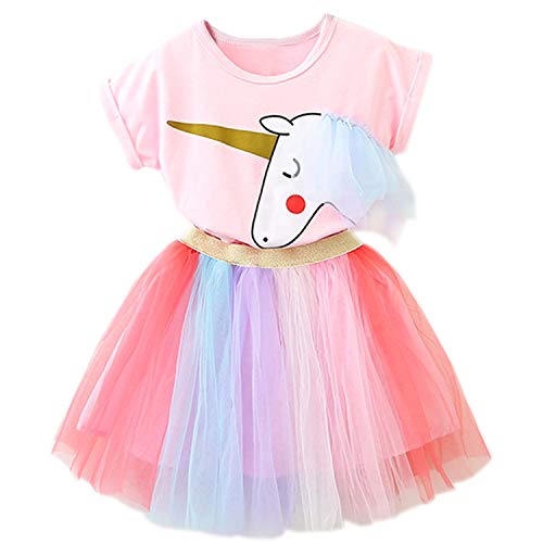 NNJXD Niñas Vestidos Unicornio Conjunto de Ropa de 2 Piezas con Chaquetas Rosas + Faldas de Arco Iris de tutú tamaño（130） 5-6 Años Rosa