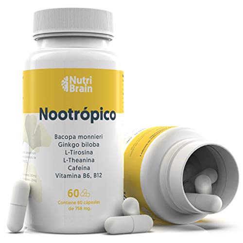 Nootrópico Natural Envase XL 60 Cápsulas | Fórmula para incrementar la energía, concentración y agilidad mental | Cafeína, Ginko Biloba, Tirosina, Teanina, Bacopa Monnieri y Vitaminas