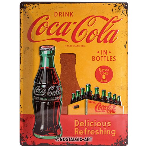 Nostalgic-Art Coca Cola In Bottles Yellow Placa Decorativa, Metal, Amarillo y Rojo, 30 x 40 cm