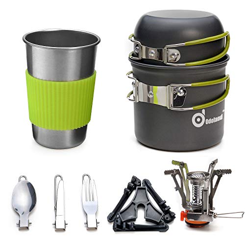 Odoland Utensilios Cocina Camping Kit con 1.2 L Ollas Camping y 0.6 L Sartén de Aluminio, Estufa Trekking, Taza de Acero Inoxidable, Cubiertos Plegable - Cacerolas de Acampada de Camping y Viaje