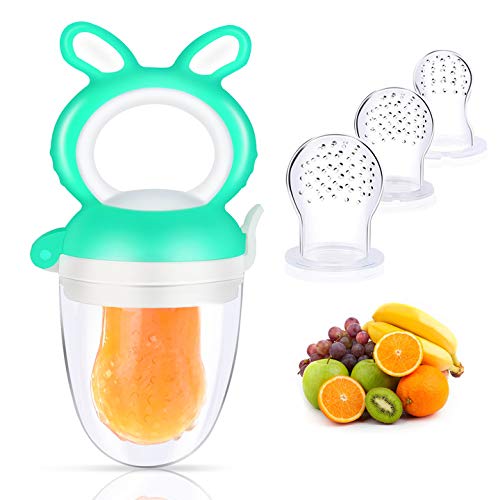 Oladwolf Chupete Fruta Bebe, Alimentador Antiahogo de Fruta Para Bebés y Niños Pequeños con 3 Tamaños Diferentes Reemplazo de Pezones de Silicona, Sin BPA Juguete Para Niños Dentición Chupete (Verde)