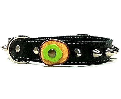 Original Collar para Perro de Cuero Negro con Pinchos, Todas las Tallas, Correa Opcional, Diseño Original Artesano con Olivo y Cuero Verde, Mediano, 50 cm M-wide: Cuello 35-40 cm, Ancho 28mm