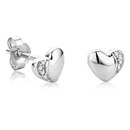 Orovi Pendientes Señora Corazón presión en Oro Blanco con Diamantes Talla Brillante Oro 18 kt /750