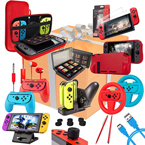 Orzly Kit Accesorios para Nintendo Switch Geek Pack con: Funda y Protector de Pantalla Switch, Empuñaduras & Volante para mandos JoyCon, Una Base de Carga USB y Un Soporte portátil, y más [ColorPop]