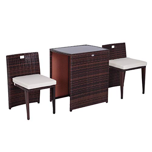 Outsunny Conjunto 1 Mesa y 2 Sillas Mueble Mimbre Ratan Jardin Terraza Exterior Desayuno