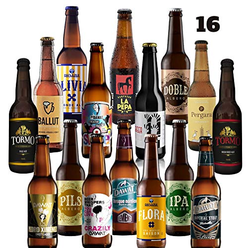 Pack de cerveza artesana. 16 Cervezas Artesanas de las mejores marcas. El mejor regalo. Incluye Río Azul Flora, medalla de Bronce en Barcelona Beer Challenge 2020 categoría SPECIALTY IPA BELGIAN IPA