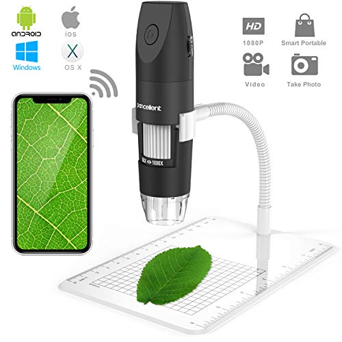 Pancellent Microscopio Digital Inalámbrico, Microscopio De Aumento USB 1080P 50X a 1000X con 8 LED, Colección De Diapositivas De 12 Paquetes