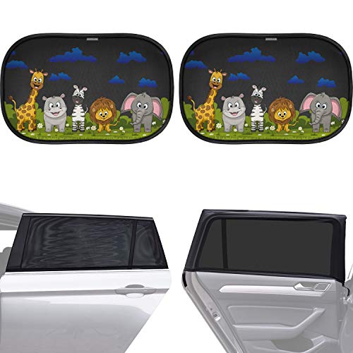 Parasol coche infantil con protección UV - Set de 2 parasoles laterales coche autoadhesivos y 2 fundas cubre ventanas de coche, en color negro