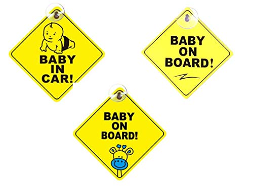 Pegatinas Bebe para Coche,Baby On Board 3 Pack Pegatina Bebé a Bordo con Ventosa Ninos Automóviles Signos de Seguridad 5 * 5 Pulgadas Amarillo