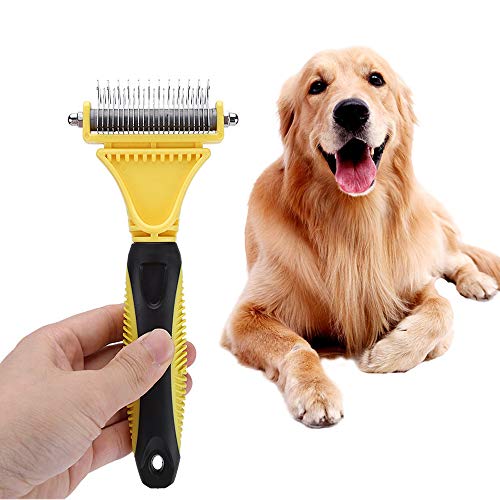 Peine de depilación para perros, 23 12 peine rastrillo de cuchillas de doble cara, herramienta de eliminación de polvo con cepillo para eliminar el revestimiento suelto, nudos, esteras y pelo enredado
