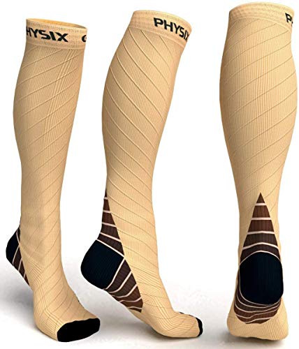Physix Gear Sport Calcetines de compresión, los Mejores Calcetines compresión Mujer y Hombre para el Dolor de pies y Gemelos, Medias de compresión Hombre y Mujer, 1 par, L/XL, Beige