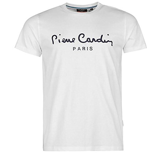 Pierre Cardin Hombre Classic 100% Algodón Camiseta Manga Corta con Cuello Redondo Estampado Grande - Multicolor - Talla S-2XL Disponible (Medium, White)