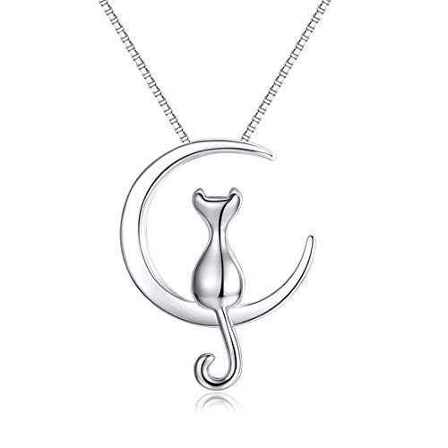 Plata de Ley 925 Colgante Collar Mujer, Joyeria Collares Colgante Gato y Luna, Collares de plata para mujer/niña, Colgantes Luna Mujer Plata- Cadena 40+5cm con Caja de Regalo