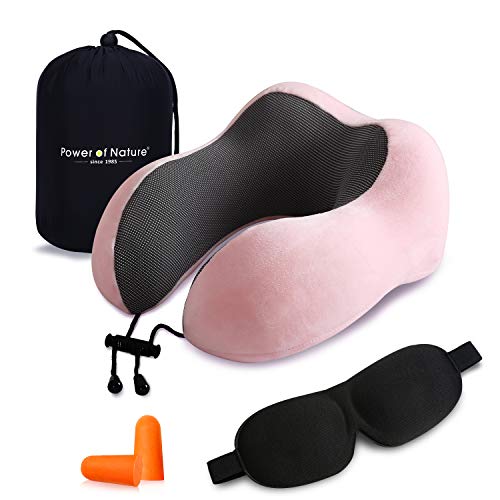 PON Almohada de Viaje Viscoelástica de Espuma de Memoria con Funda Lavable y Bolsa de Viaje Suave para el Cuello Soporte Cervical Ideal para el Uso del Avión y el Hogar (Rosa)