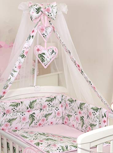 PRO COSMO 11 Piezas juego de ropa de cama para cuna de bebé cama edredón, dosel + soporte (120x60cm, Rose Garden/Pink) Rosas Flores Jardín