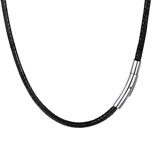 PROSTEEL Joyería Collar de Hombre, 3mm Cuerda Cuero, Cadena Longitud Opcional, Acero Inoxidable, Color Negro Plata