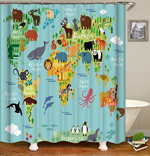 QCWN - Cortina de ducha con mapa de animales para niños y niños, diseño de mapas de animales, multicolor, poliéster, 3, 65"L*70"W