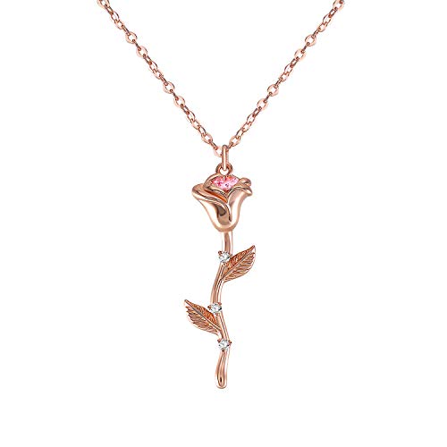 QUINBY Collar con flor de rosa para las mujeres niñas, chapado en oro / oro rosa, 5A cristales de circonio cúbico