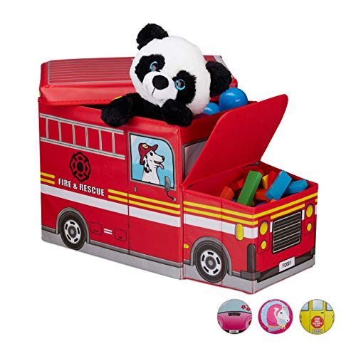 Relaxdays Baúl para juguetes, Taburete infantil plegable, Caja con compartimento, Para niños y niños, Forma de autobús, 50 L, Camión de bomberos