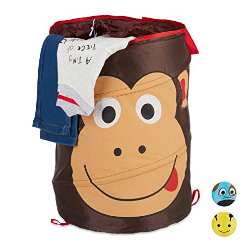 Relaxdays Cesto Ropa Sucia Infantil Plegable, Cubo Colada Niños, Mono, 39 L, Caja Juguetes, Poliéster, 43x34 cm, Marrón