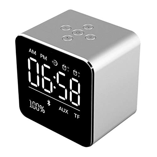 Reloj Despertador Digital con Altavoz Inalámbrico Bluetooth Metal Mini Altavoz Portátil 2 Conjuntos De Despertador Pantalla LCD 8h Tiempo De Juego TF Tarjeta Plata
