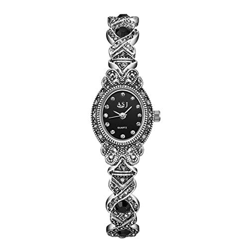 Relojes Pulsera Ovalada Mujer Retro Relojes Cristal Plata Titanio Negro Gótico