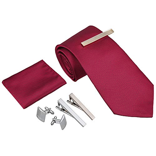 Rovtop Corbatas de Hombre Regalo Conjunto - Set de Corbata Hombre Simulación Cosidas a Mano de Seda con Corbata, Pañuelo, 1 par Gemelos Cuadrados, 3 Clips de Corbata (Rojo Vino)