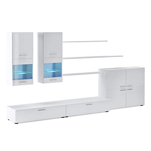 SelectionHome - Mueble Comedor Moderno, salón con Luces Leds, Acabado en Blanco Brillo Lacado y Blanco Mate, Medidas: 300 x 189 x 42 cm de Fondo SelectionHome - Mueble Comedor Moderno, salón con Luces Leds, Acabado en Blanco Brillo Lacado y Blanco Mate, Medidas: 300 x 189 x 42 cm de Fondo