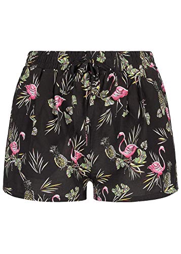 Seventyseven Lifestyle - Pantalones cortos para mujer (2 bolsillos), diseño de flamencos, color negro y rosa negro y rosa M