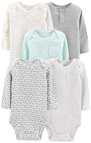 Simple Joys by Carter's Baby - Body de manga larga para bebé (5 unidades) ,Gris/Azul (Grey/Blue Stripe) ,3-6 Meses