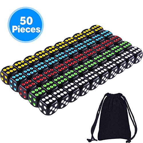 SIQUK 50 Piezas Juego de Dados Juego de Bordes Redondeados de 6 Lados Dados Negros con fichas Coloridas para Juegos como Tenzi, Farkle, Yahtzee, Bunco o Teaching Math