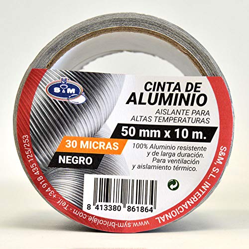 S&M Cinta aluminio negra 50 mm x 10 m (espesor 30 micras) SANEAPLAST- Cinta adhesiva de aluminio multiusos-– Rollo de 10 metros