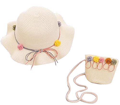 Sombrero de niña Conjunto de Bolsos pequeños Sombrero de Playa de Verano Sombrero de Sol Sombrero de Paja para niños Gorro de Flor de bebé 2-8 años @ White_52cm_Children
