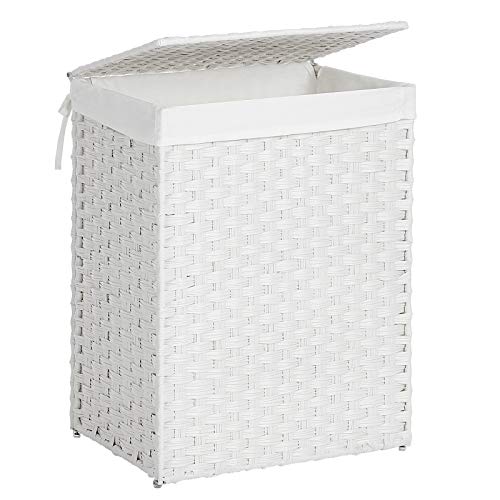 SONGMICS Cesto de la Ropa, Tejida a Mano, Cesta de la Colada de Ratán Sintético con Tapa y Asas, Plegable, Bolsa con Forro Extraíble, Blanco LCB51WT SONGMICS Cesto de la Ropa, Tejida a Mano, Cesta de la Colada de Ratán Sintético con Tapa y Asas, Plegable, Bolsa con Forro Extraíble, Blanco LCB51WT