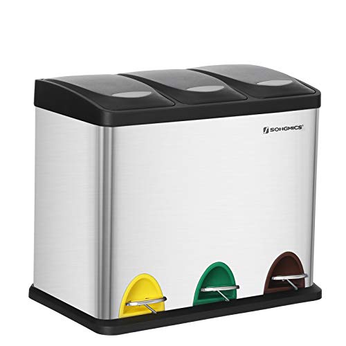 SONGMICS Cubo de Basura de Acero Inoxidable, Basurero Reciclaje, Tres compartimientos con Pedal LTB24L SONGMICS Cubo de Basura de Acero Inoxidable, Basurero Reciclaje, Tres compartimientos con Pedal LTB24L