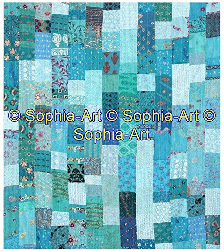 Sophia-Art Colcha india doble estilo vintage con diseño de patola antigua de seda india Sari Kantha, colcha de patchwork bohemia hecha a mano
