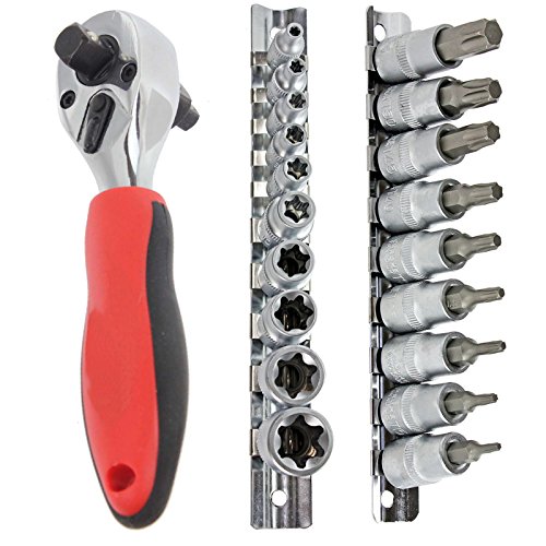 Spares2go - Juego de llaves de carraca con macho y hembra de cromo vanadio a prueba de manipulaciones de seguridad Torx Socket Bit Set 1/4" & 3/8" Drive