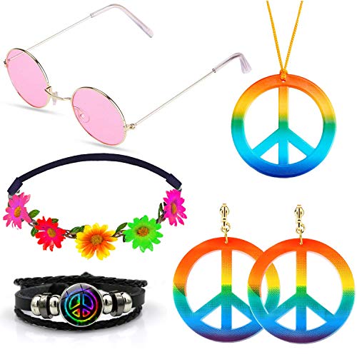 SPECOOL Conjunto de Disfraces Hippies Accesorios Hippies Arcoiris de la Paz Collar Pendientes Pulsera Diadema de Flores Gafas de Sol Hippy de Halloween Vestir para la Fiesta temática de los años