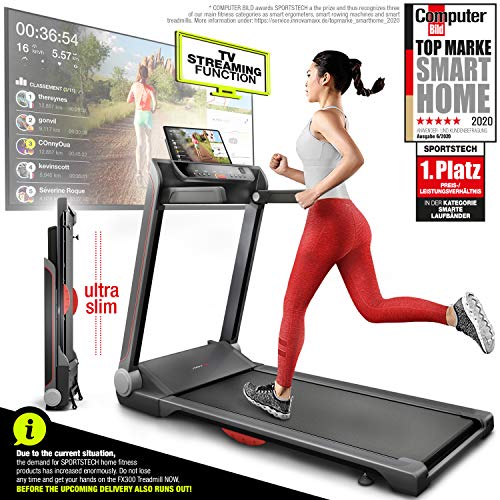 Sportstech FX300 Cinta de Correr Ultra Fina - Marca de Calidad Alemana - Live Videos & App Multiplayer, Superficie de Correr Gigante 51x122cm y sin Montaje, 16 km/h, USB, Pulsómetro Compatible