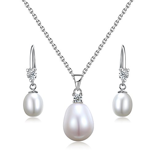Sreema London - Juego en Plata de ley de pendientes de gota de perla y collar de 46 cm con colgante. Ideal para San Valentín, aniversario, regalo de cumpleaños. Viene en caja de regalo