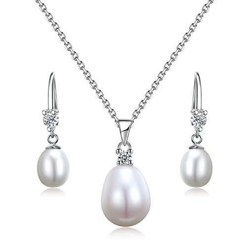 Sreema London - Juego en Plata de ley de pendientes de gota de perla y collar de 46 cm con colgante. Ideal para San Valentín, aniversario, regalo de cumpleaños. Viene en caja de regalo Sreema London - Juego en Plata de ley de pendientes de gota de perla y collar de 46 cm con colgante. Ideal para San Valentín, aniversario, regalo de cumpleaños. Viene en caja de regalo