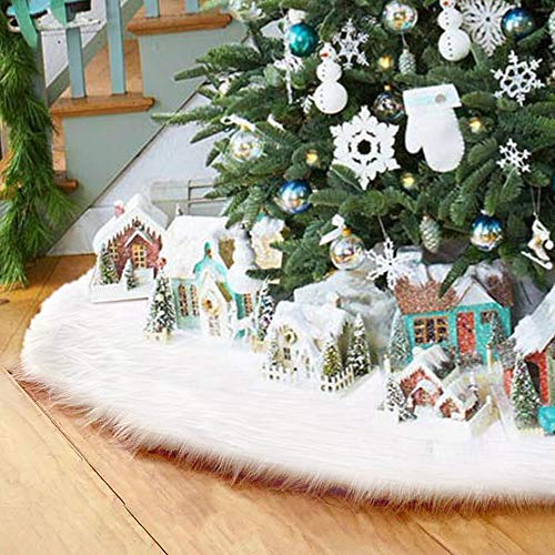 Surfmalleu Falda Blanca de Árbol de Navidad de Decoración Felpa de Papá Noel con Largo Pelo Suave Felpa Ornamentos de Árbol de Vacaciones Piel Sintética Cubierta de Base del Árbol (122cm)