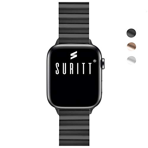 Suritt ® Correa para Apple Watch de eslabones Fabricada en Acero Inoxidable Berlin (Negro - Plata - Oro)(Series 1, 2, 3, 4 y 5)(42mm / 44mm, Black)