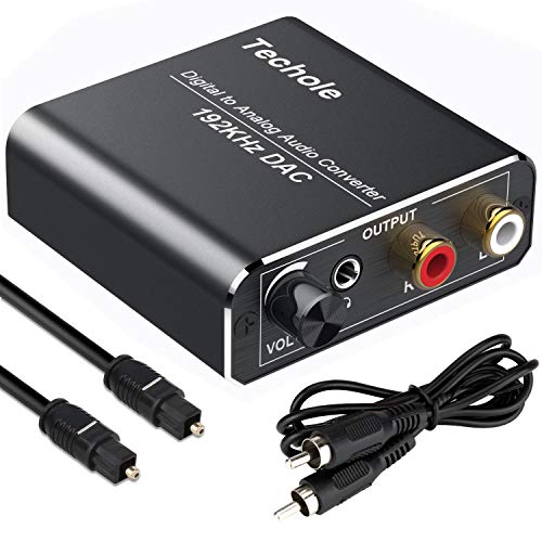 Techole Óptico a RCA con Volumen Ajustable 192kHz Óptico a Jack, Convertidor Audio Digital Óptico Coaxial Toslink a Analógico Estéreo L/R y Jack 3.5mm con Cable Óptico para PS3, PS4, Xbox, HDTV, DVD