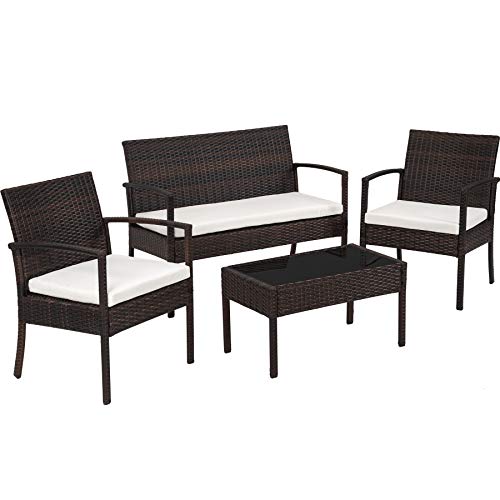 TecTake Conjunto muebles de Jardín en Poly Ratan Sintetico - negro 4 plazas, 2 sillones, 1 mesa baja, 1 banco - disponible en diferentes colores - (Negro/Marrón)